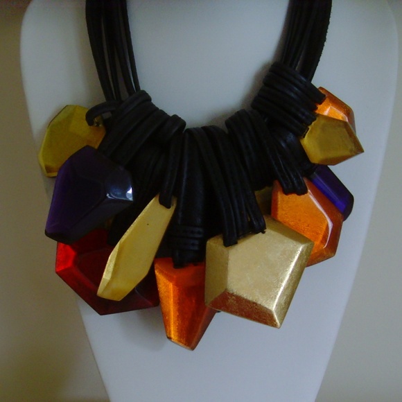 MONIES Leather and Multi-Colored Lucite Stone Statement Necklace - Picture 6 of 16